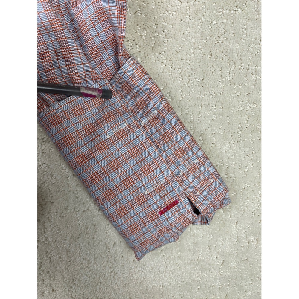 Thomas Pink Mens 15 Orange Blue Check Slim Fit French Cuff Cotton Dress Shirt - Picture 6 of 12
